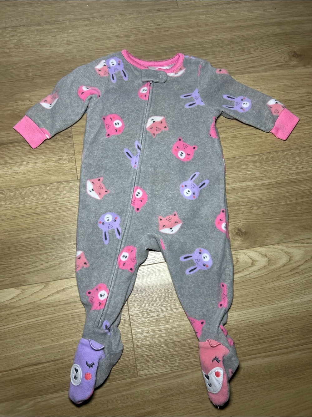 Carter's Gray Footed One-Piece with Pink & Purple Animal Faces
